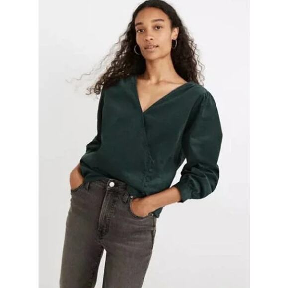 Madewell Corduroy Kinston Side-Button Wrap Top XXS Green Finewale Blouse - Picture 7 of 7
